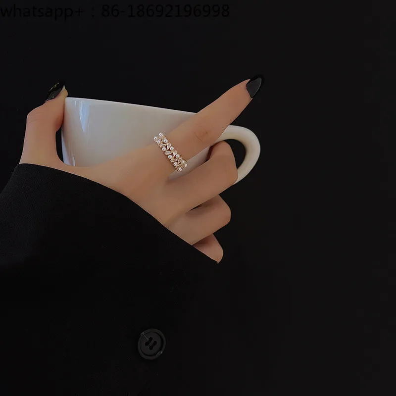 ~ Double Row Pearl Zircon Ring Women's Light Luxury Open Ring Simple Personality Fashion Ring