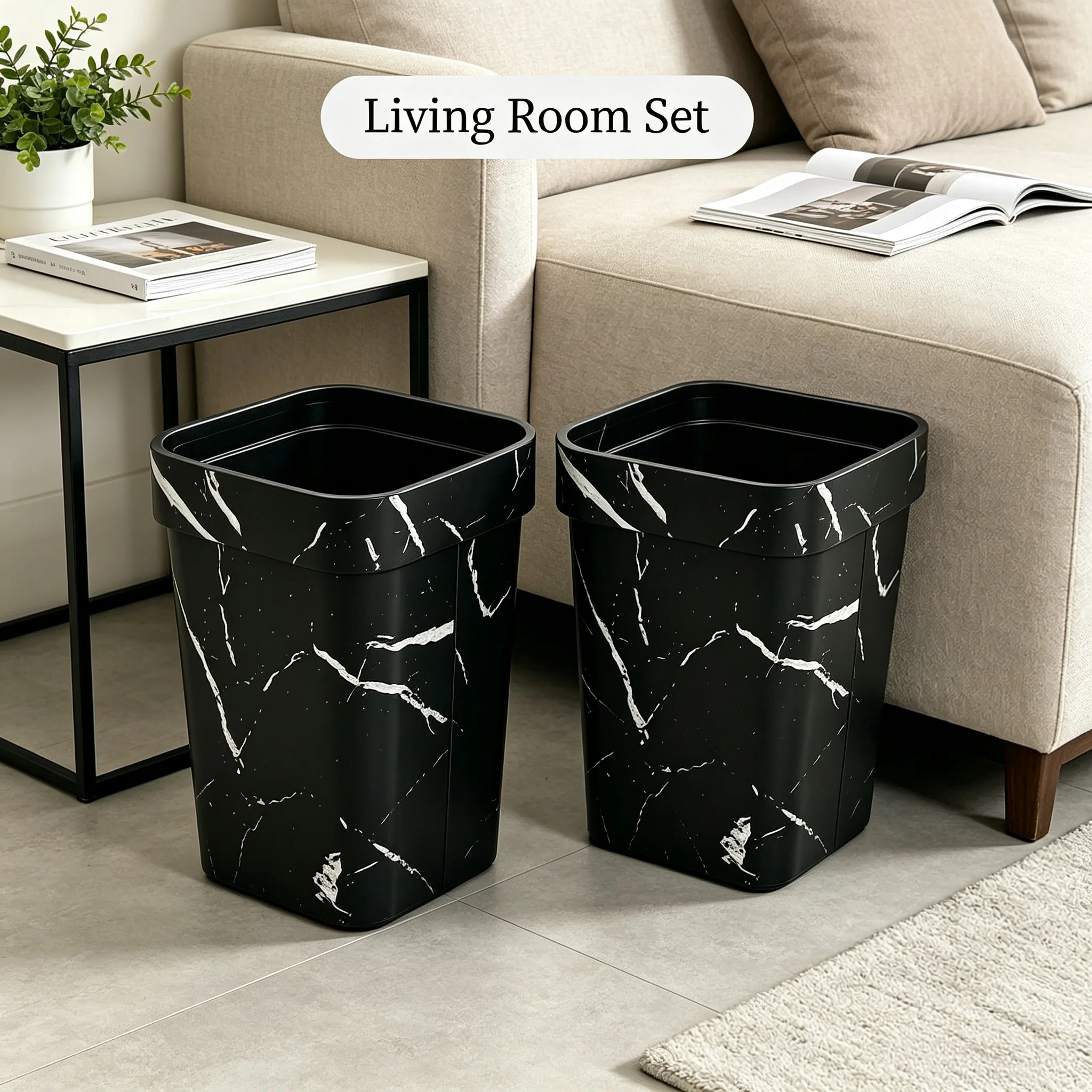 16L Square Open‑Top Trash Bin Set of 2, Black Marble‑Look Plastic Waste Container, Waterproof Decorative Garbage Can for Indoor Household Use