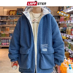 LAPPSTER Winter Fleece Hooded Fluffy Jackets Coats 2023 Windbreaker Oversized Y2k Jackets Double-sided Korean Streetwear Parkas