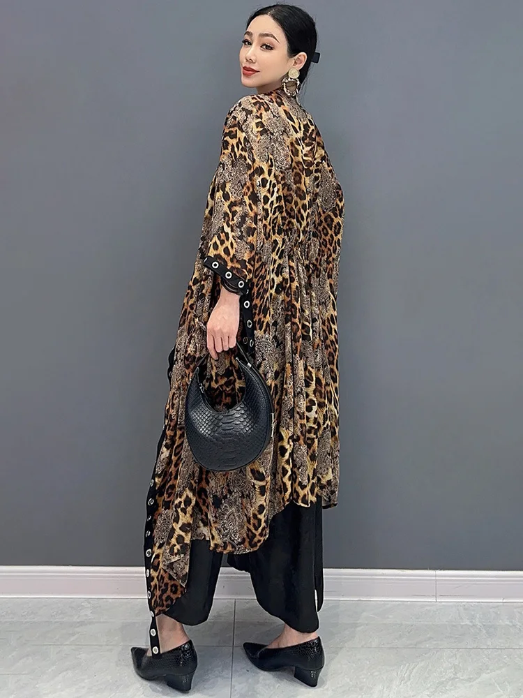 SHENGPALAE Leopard Print Long Sleeved Long Coat 2024 Summer New Trendy Casual Fashion Loose Beautiful Women\'s Overcoat 5C1330