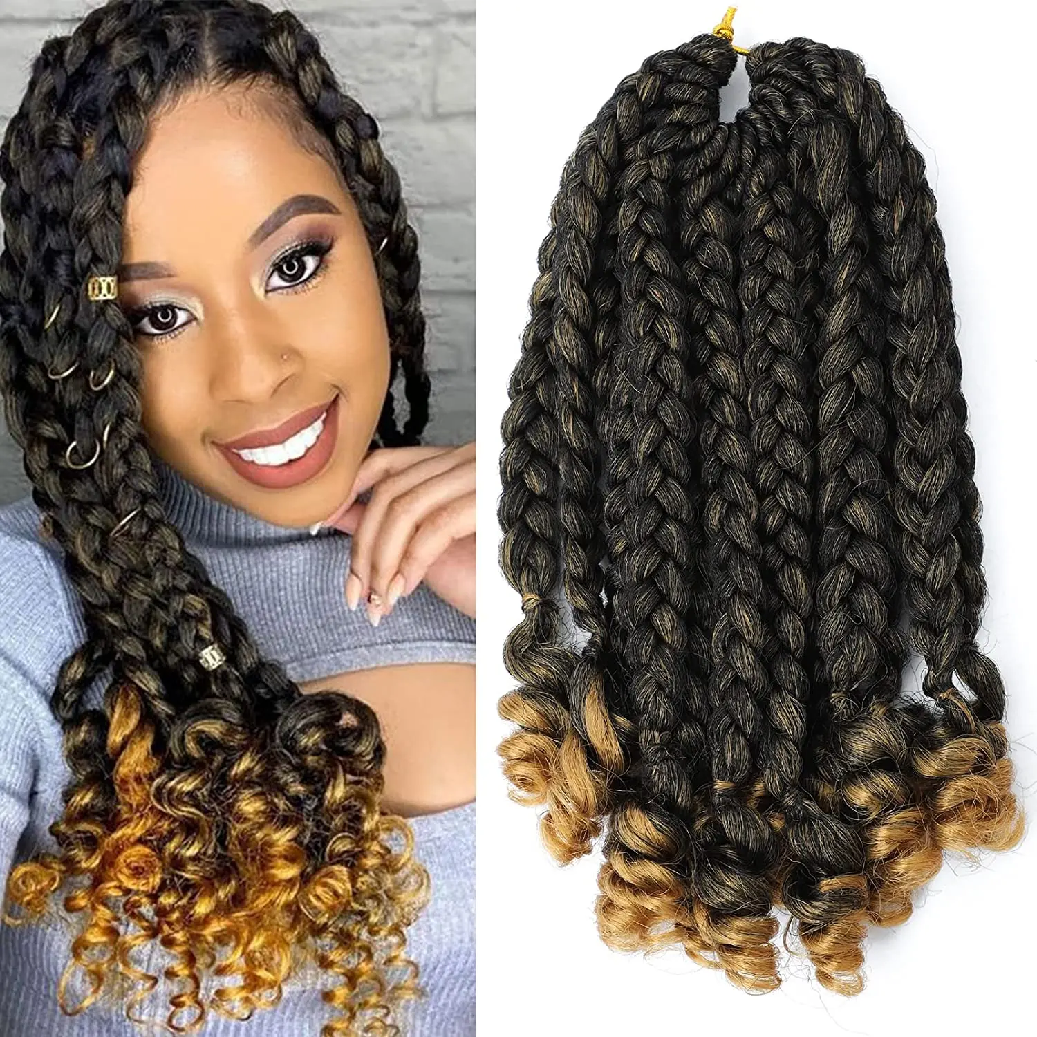 Sambraid Synthetic Crochet Hair Short Bob Box Braid with Curly Ends 10Inch Omber Blonde Pre Stretched Box Braids for Women Kids