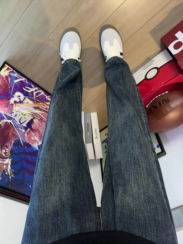 

Мужские джинсы прямого кроя в стиле ретро, темно-синие, зауженные, в уличном стиле, с эффектом удлиненных ног, повседневные, из полиэфирного волокна