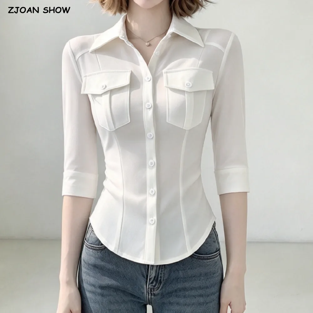 Spring Autumn Women Lapel Collar Slim Waist Cropped Shirt Half Sleeve Front 2 Pockets Dropped Blouses OL Tops White Black