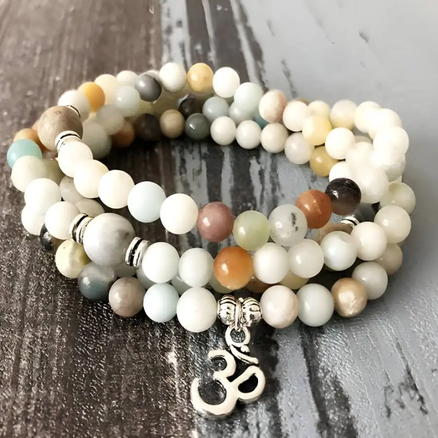 

Браслет-мала из 108 бусин амазонита 8 мм с серебряным кулоном Будды, для буддийской молитвы, тибетского дзен-медитания, чакр и Нирваны