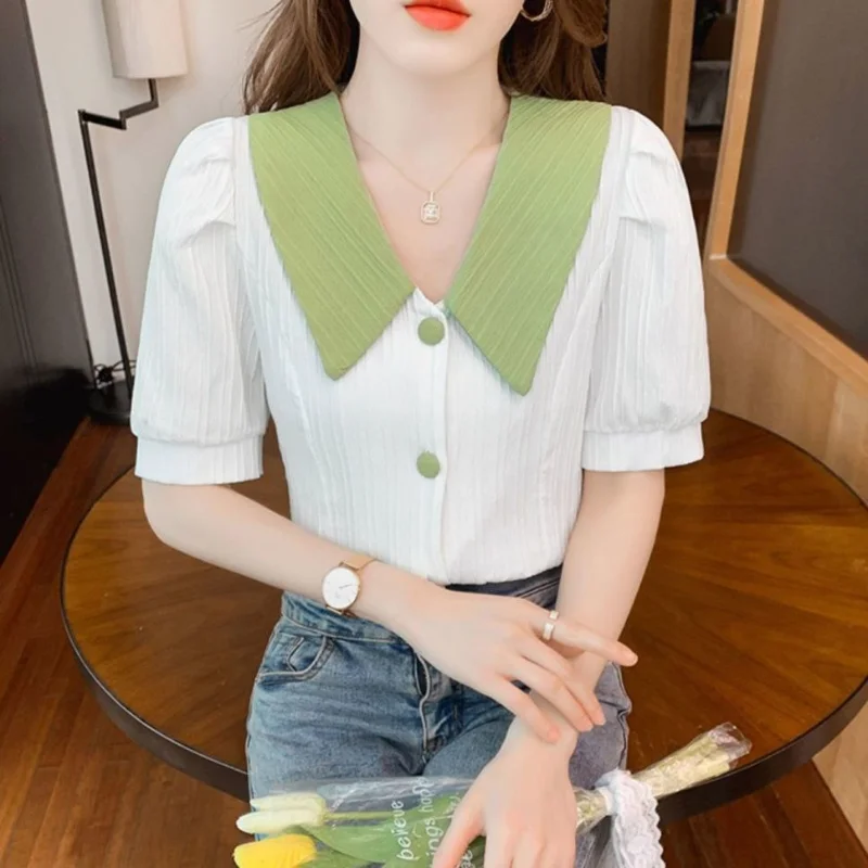 Sweet Contrast Shirt Tops Summer New Short Sleeve Solid Doll Neck All-match Cute Button Blouse Fashion Korean Women Clothing