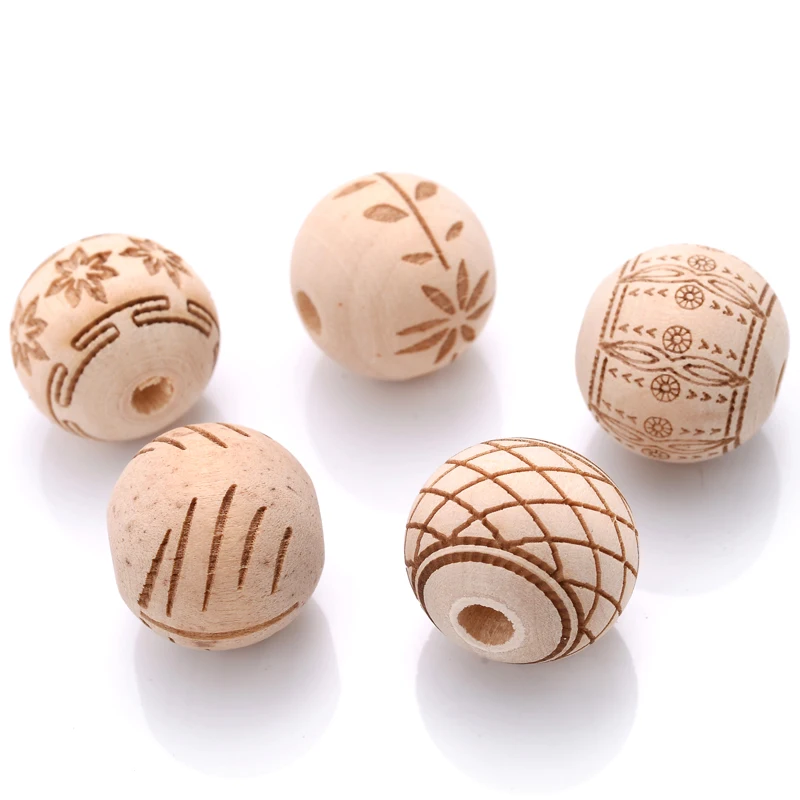 10Pcs 18mm Multiple Styles Natural Carved Wooden Ronud Beads Fashion Crafts Kid Toys Jewelry Making Bracelet Accessories