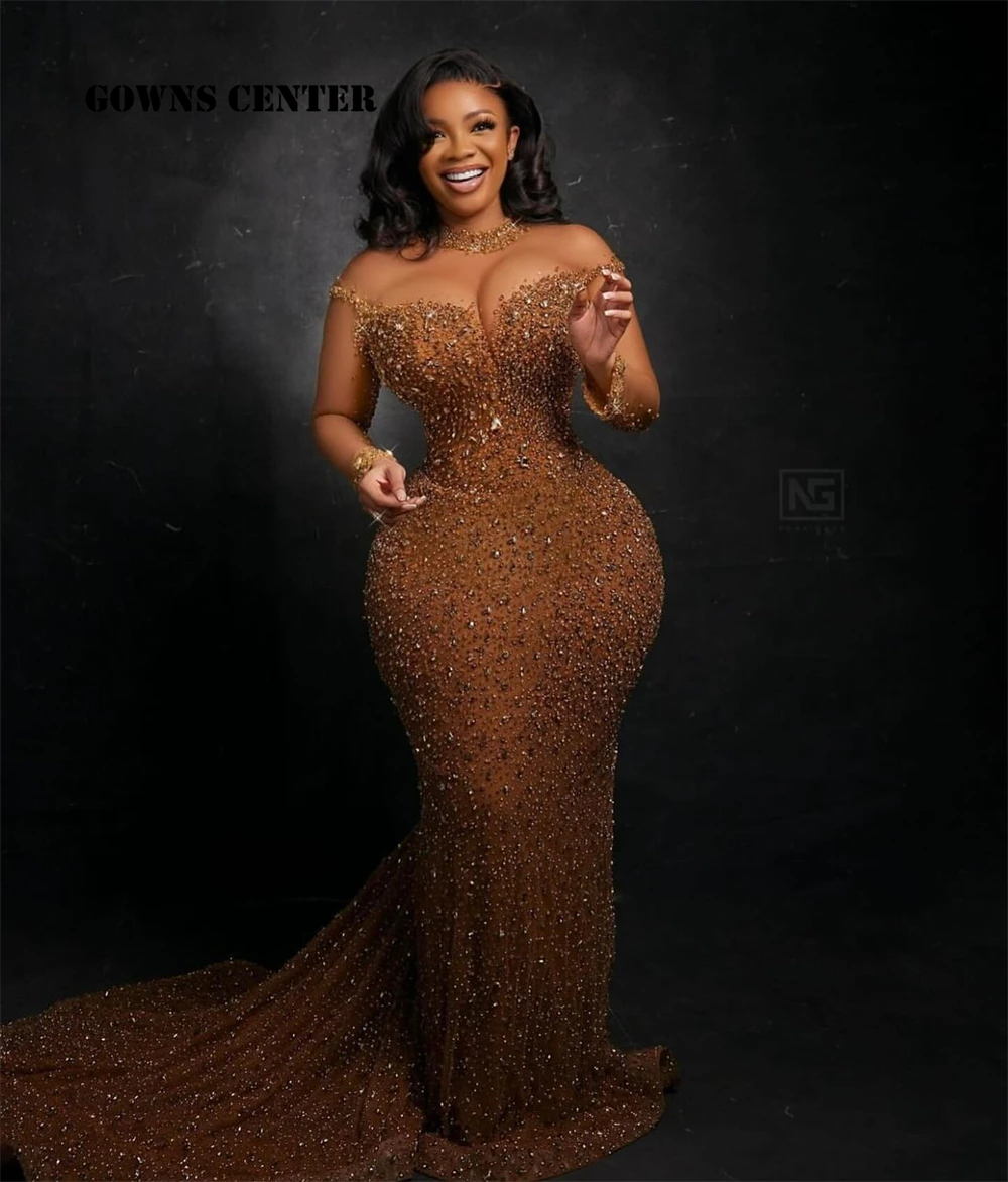 

Engaging Gold African Evening Dresses Sparkly Crystals Mermaid Prom Dress Long Sleeves Aso Ebi Party Gowns Plus Size Customized