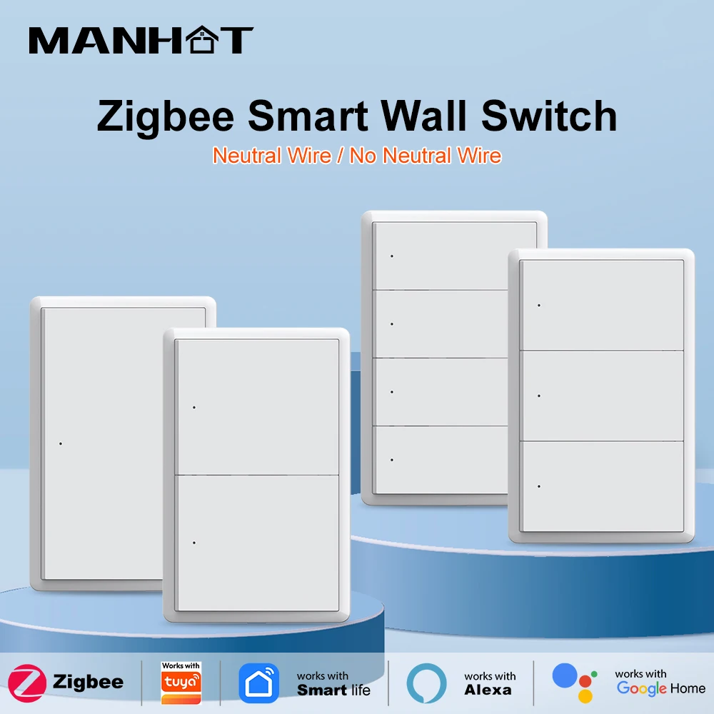 

MANHOT Zigbee Smart Light Switch No Neutral Wire Required 1-4 Gang Push Button Voice Control Works with Tuya Smart Life & Alexa