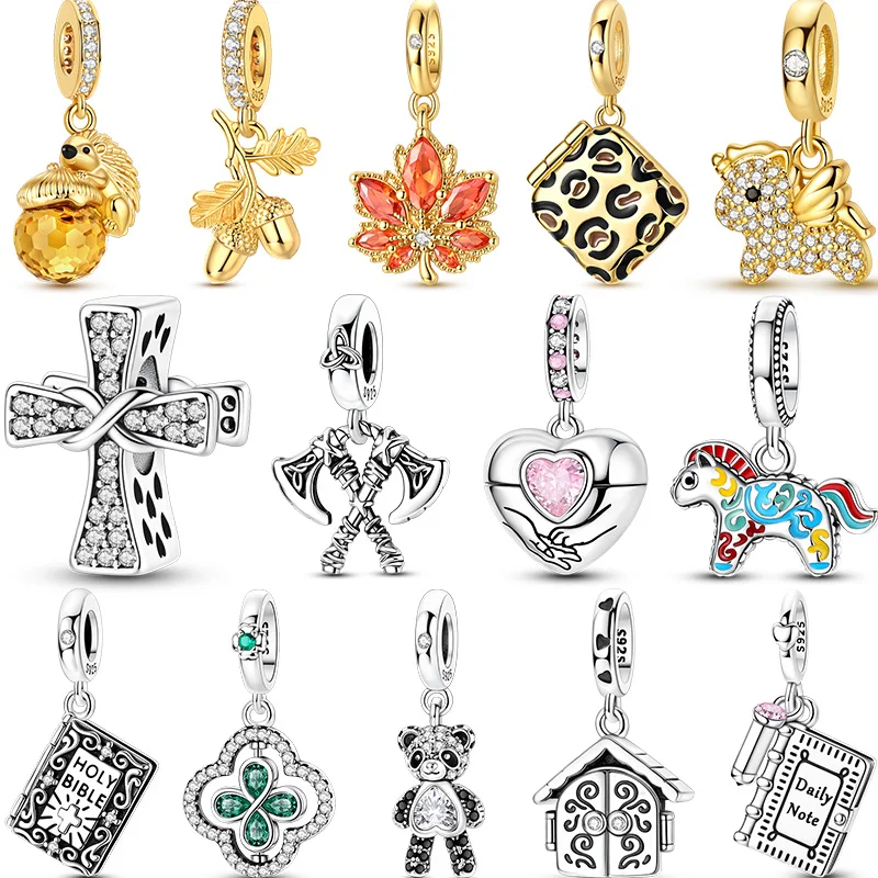 925 Sterling Silver Oak Fruit Leopard Shining Panda Flip Clover Charm Pendant Fit 3mm Original Bracelet DIY Women Jewelry Gifts
