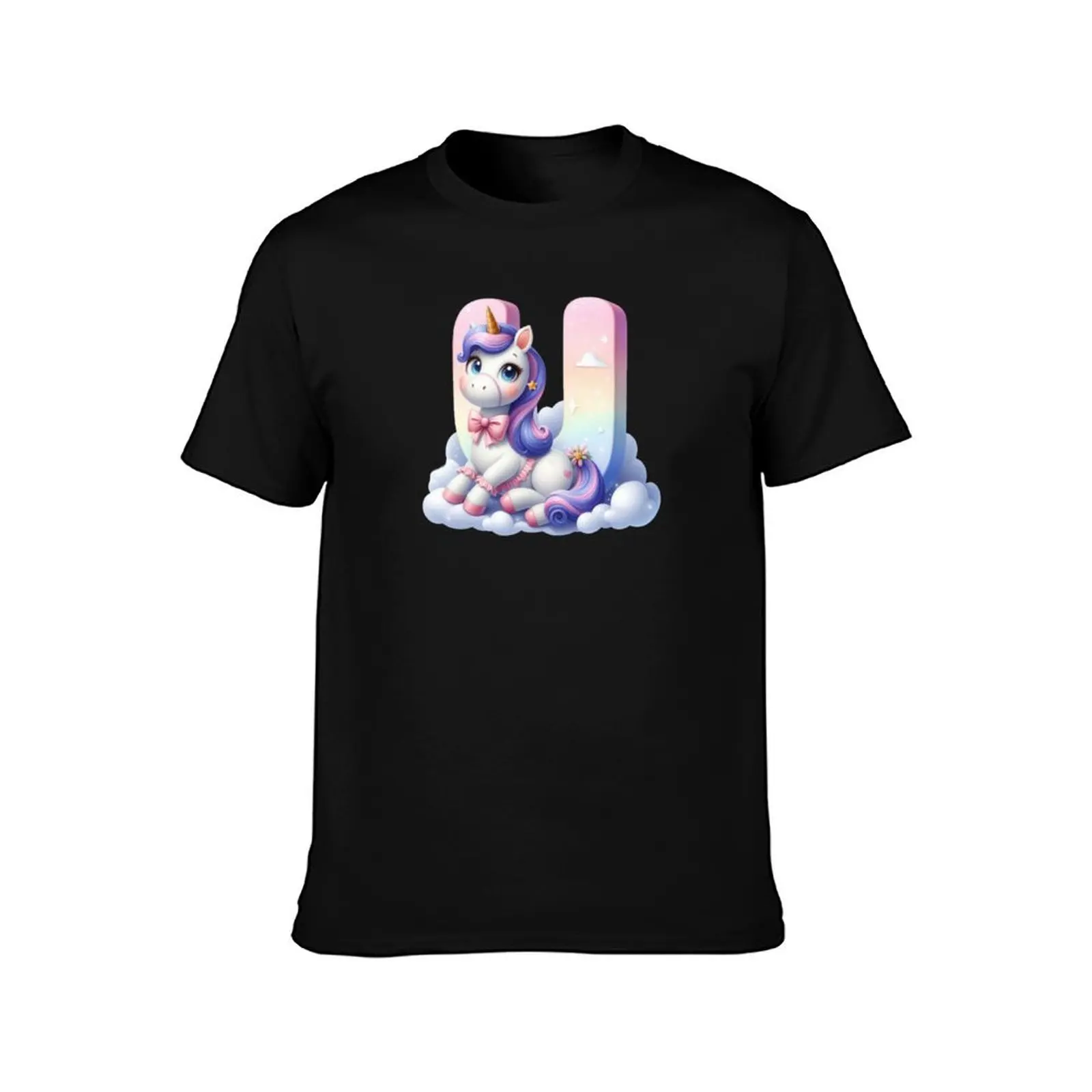 Unicorn kawaii alphabet monogram letter U T-Shirt Summer Casual Cotton Tee Oversized Streetwear Tops Vintage Graphic Print