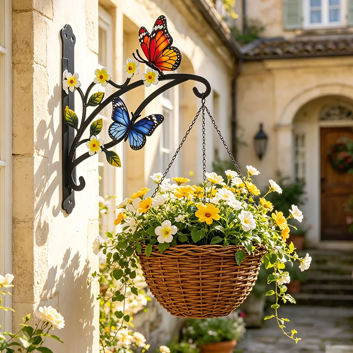 Colorful Butterfly Wall-mounted Plant Rack, Metal Hanging Flower Basket Stand, with Flower and Butterfly Decorations