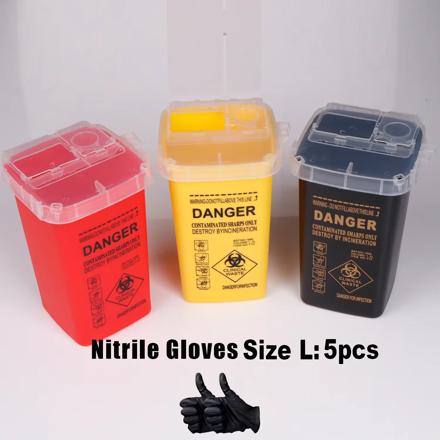Tattoo Needle Sharps Waste Container Biohazard Disposal Box With 5Pcs Size L Nitrile Gloves For Tattoo PMU Studio Workstation