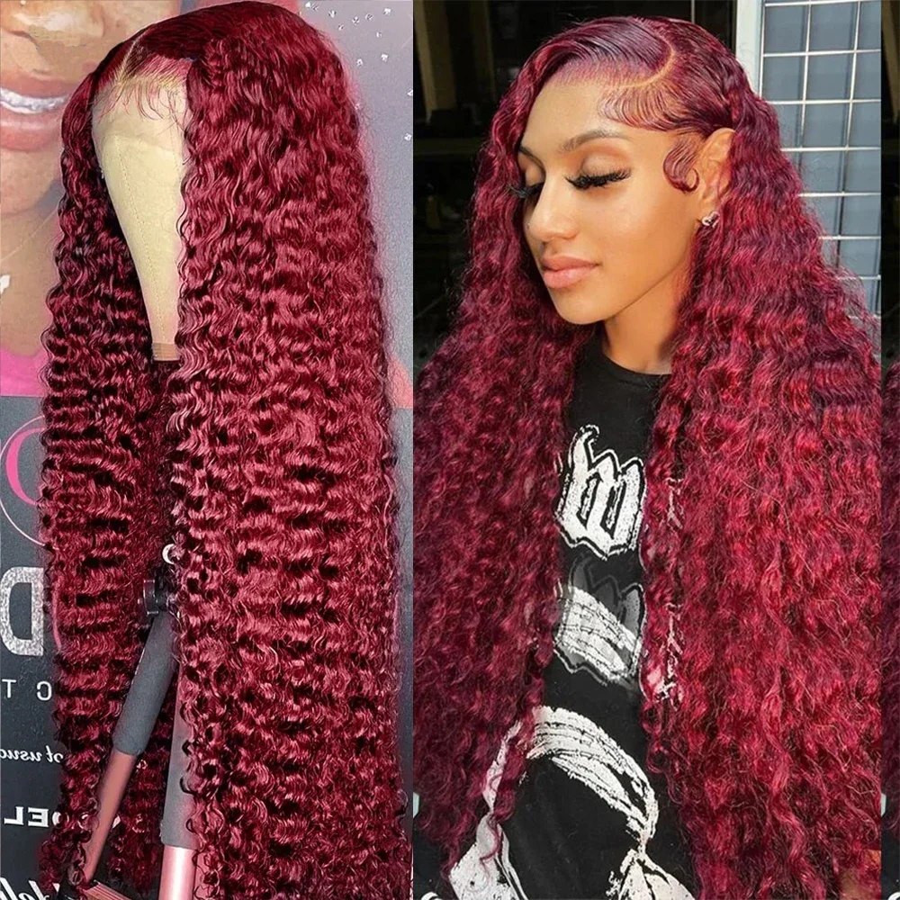 36 Inch Deep Wave Curly Frontal 99J Burgundy Wig 13x4 13x6 HD Lace Front Pre Plucked Red Colored Human Hair Wigs For Women