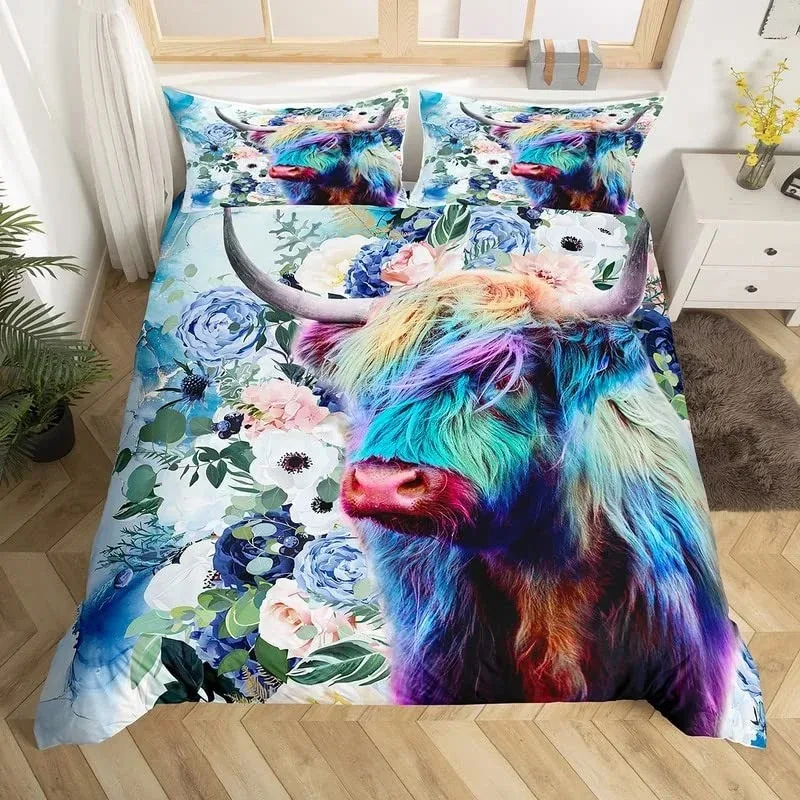 Highland Cow Duvet Cover King Queen Western Farm Animal Comforter Cover Microfiber Bull Cattle Floral Bedding Set For Kids Teen