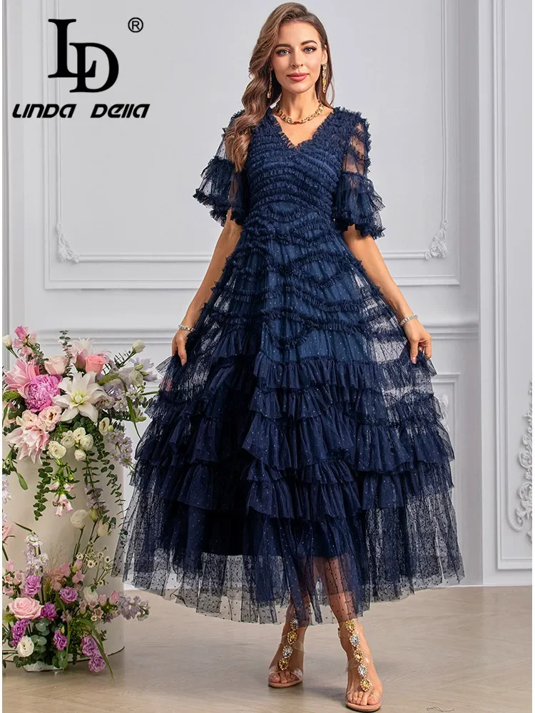 LD LINDA DELLA Summer Runway Fashion Dresses Women\'s Vintage Polka Dot Print Net Yarn Cascading Ruffle Backless Sexy Dresses