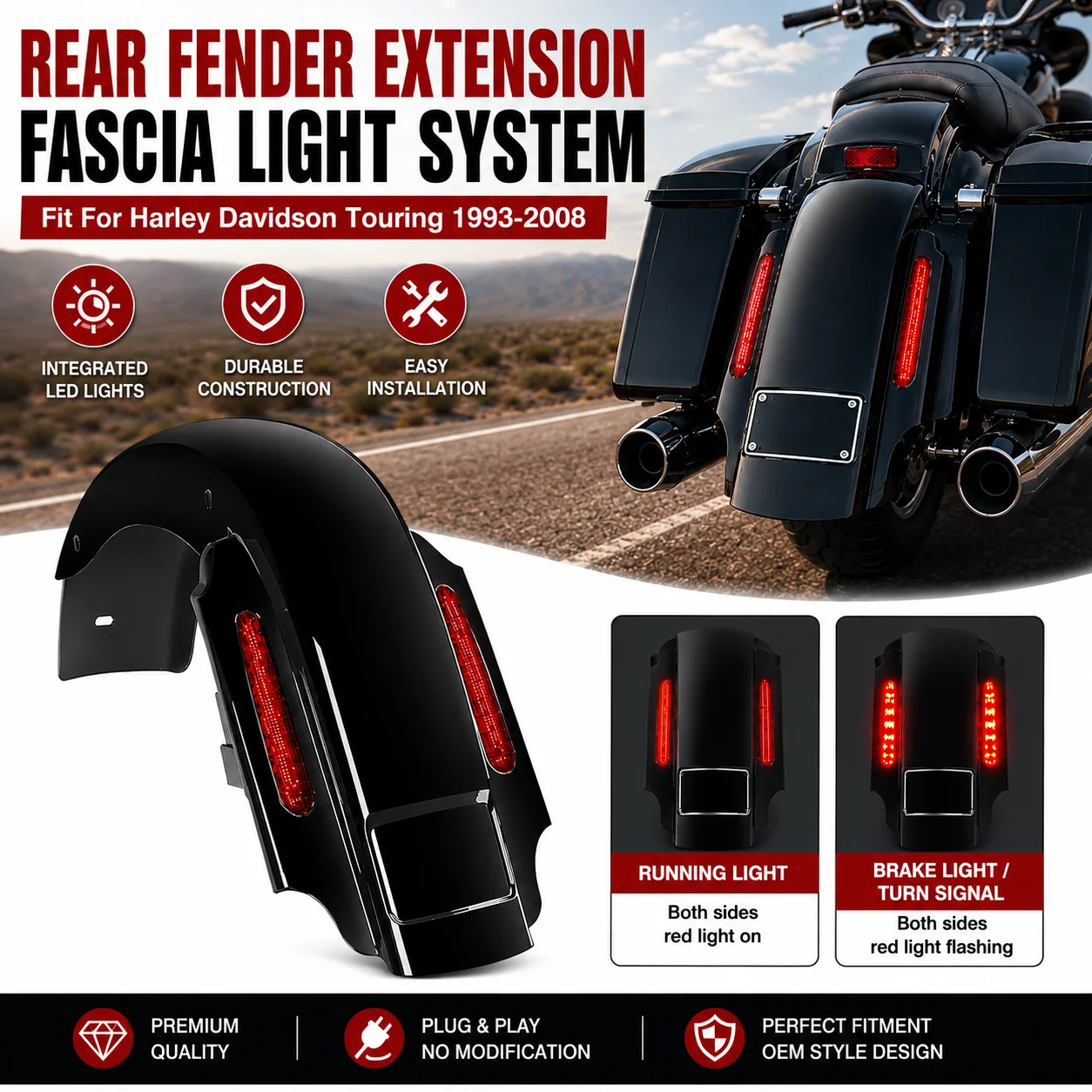 Gloss Black LED Rear Fender Extension Fascia Light System For Harley Davidson Touring Street Glide Road King Classic 1993-2008