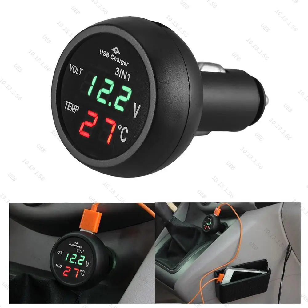 3-in-1 12/24 V Auto Auto LED Digital Voltmeter Messgerät Thermometer USB Ladegerät Monitor Display Aufladen für Telefon Tablet GPS