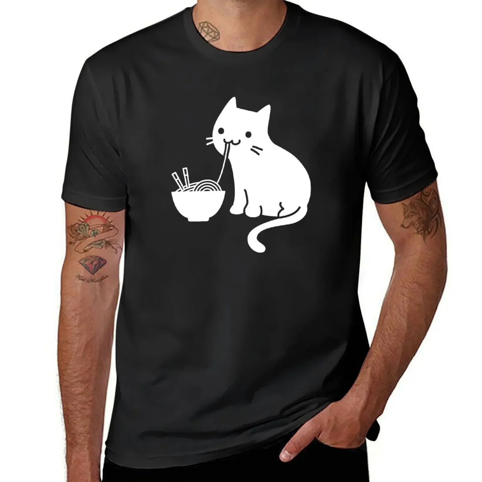 2024 Summer New Men T ShirtCute Cat Eating Ramen T-Shirt Hippie Clothes Tees Summer Tops Boys Short Sleeves Pure Cotton Tops