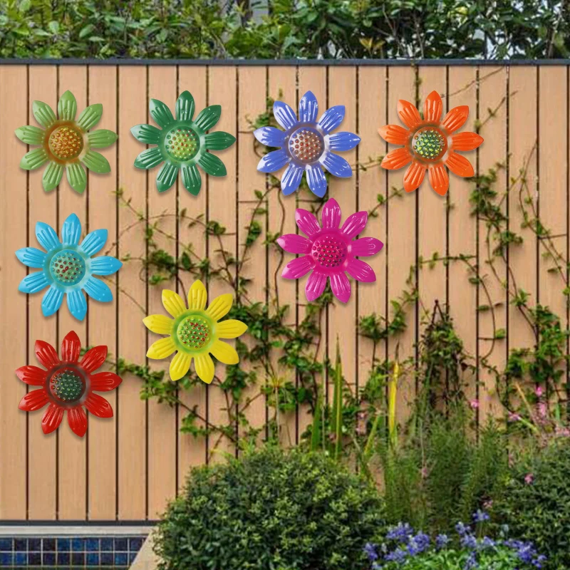 8Pcs Garden Style Metal Faux Flower Wall Decor, Bright Wall Art for Indoor Outdoor Home Wedding Festival Use