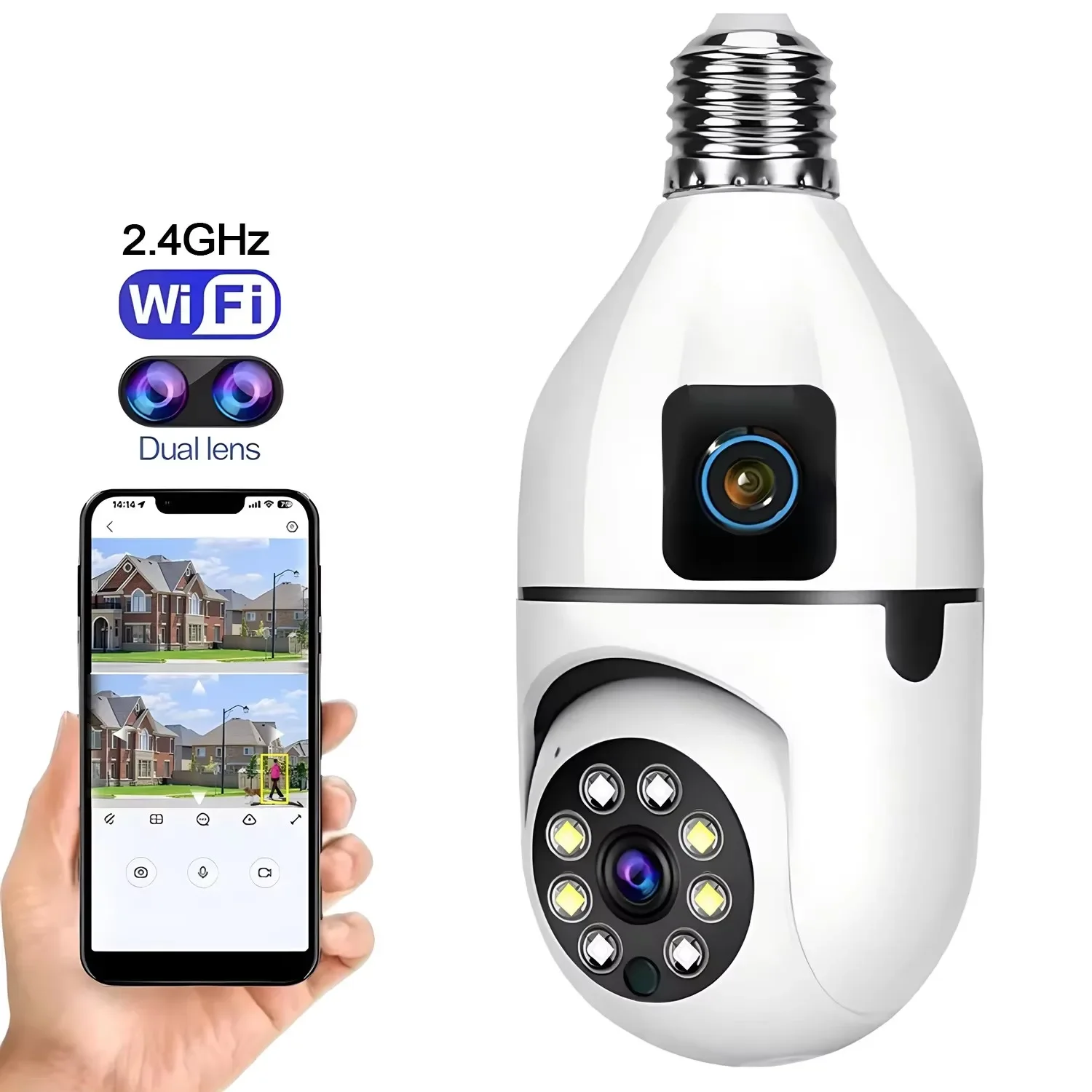 4MP WiFiカメラ 360 °   アクション E27 電球カメラ PTZ セキュリティ保護デュアルレンズビデオ監視カメラ iCSee 自動追跡