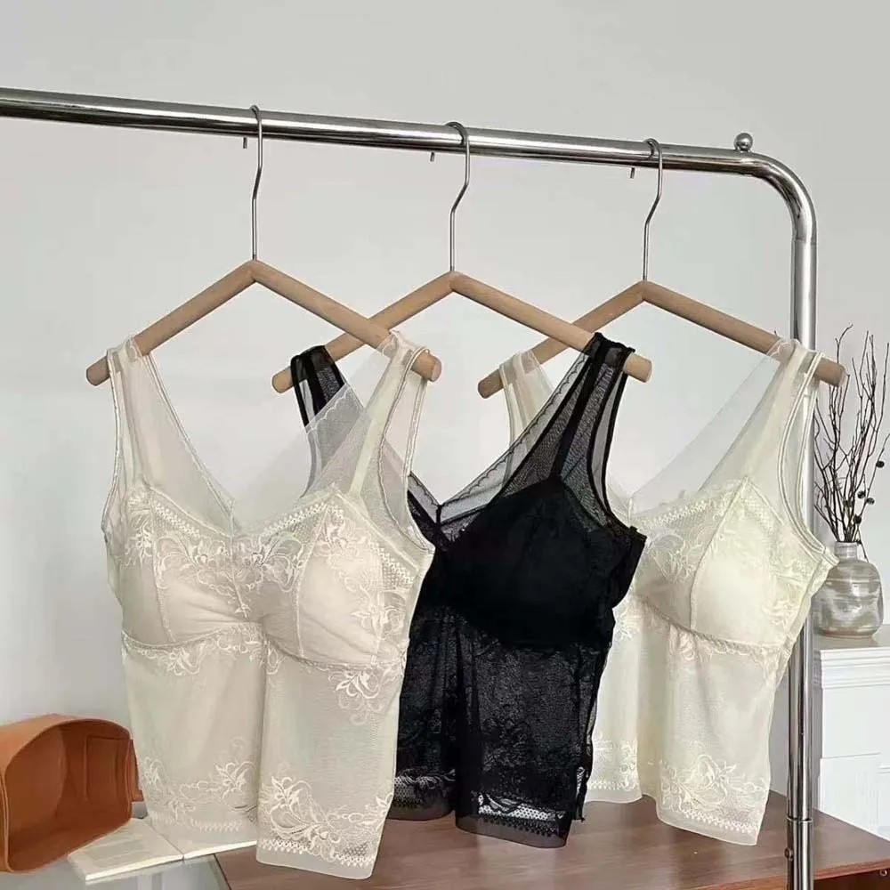 

Mesh Flower Slim Lace Crop Top Bottoming Shirt Sweet Girl's Vest Top V Neck Transparent Vest Camisole with Pads