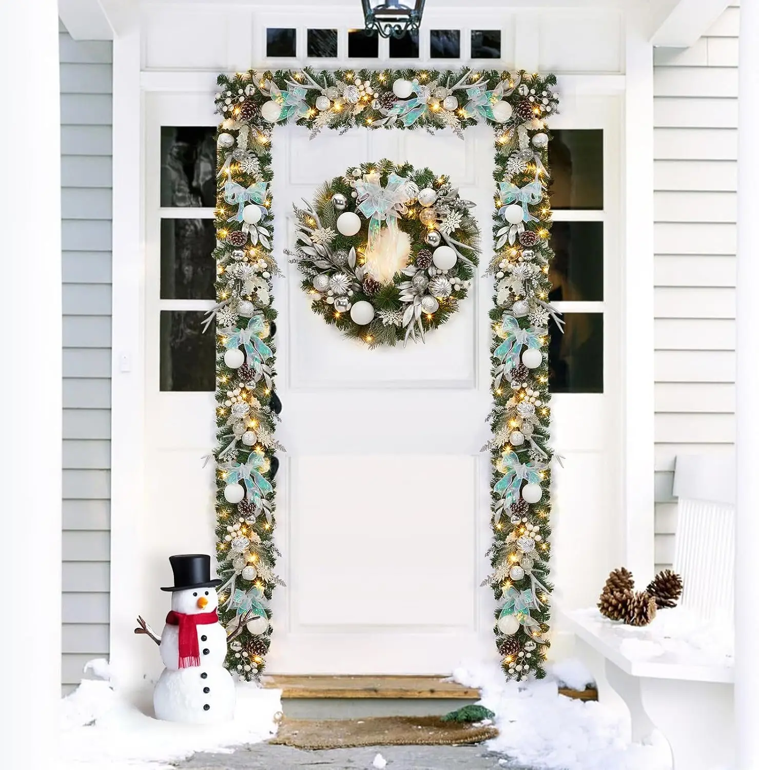 Garvee 6FT White Silver Christmas Garland with Lights & Timer for Mantle 20 LEDs 8 Modes Battery Operated, Lighted Winter Garland with Deer Antlers & Ball Ornaments for Fireplace Stairs - view 3