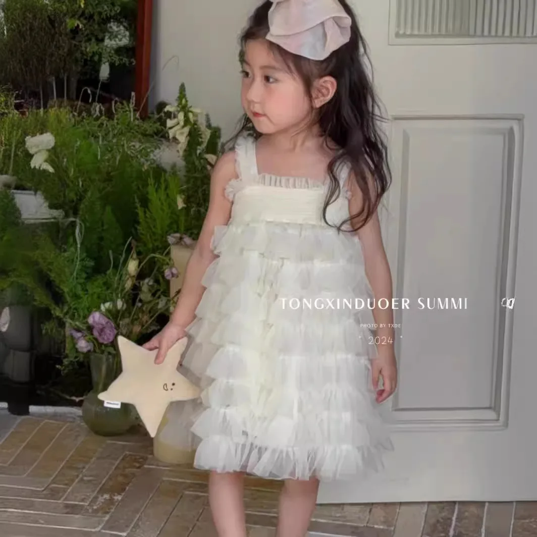 Baby Girls Skirt 2024 Summer New Children Lotus Leaf Multi-layer Cake Dress Mesh Mesh Baby Girls Fairy Simple Casual Dress