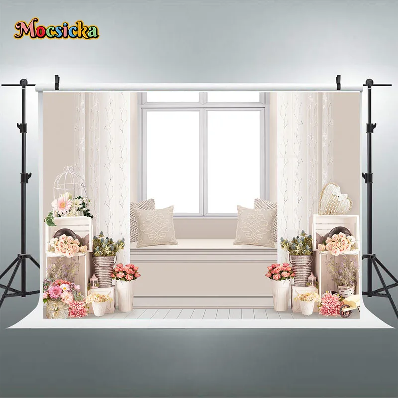 Window Sill Photography Backdrop Spring Flowers Decorative Banners Newborn Portrait Photo Shoot Kids Cake Smash Background