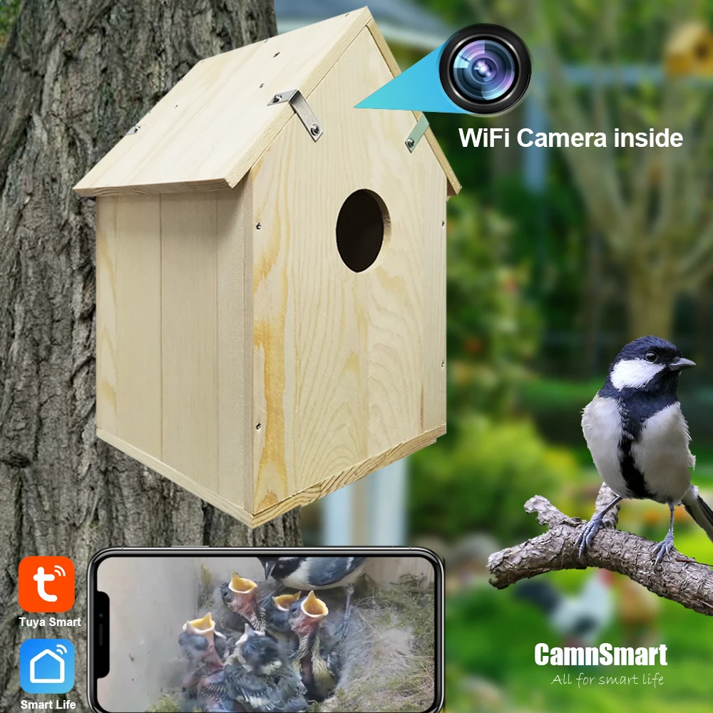 

Bird Cage with Camera WIFI Tuya APP Parrot Pet Monitor Recording HD Night Vision Motion Detection Durable Wooden Natural House