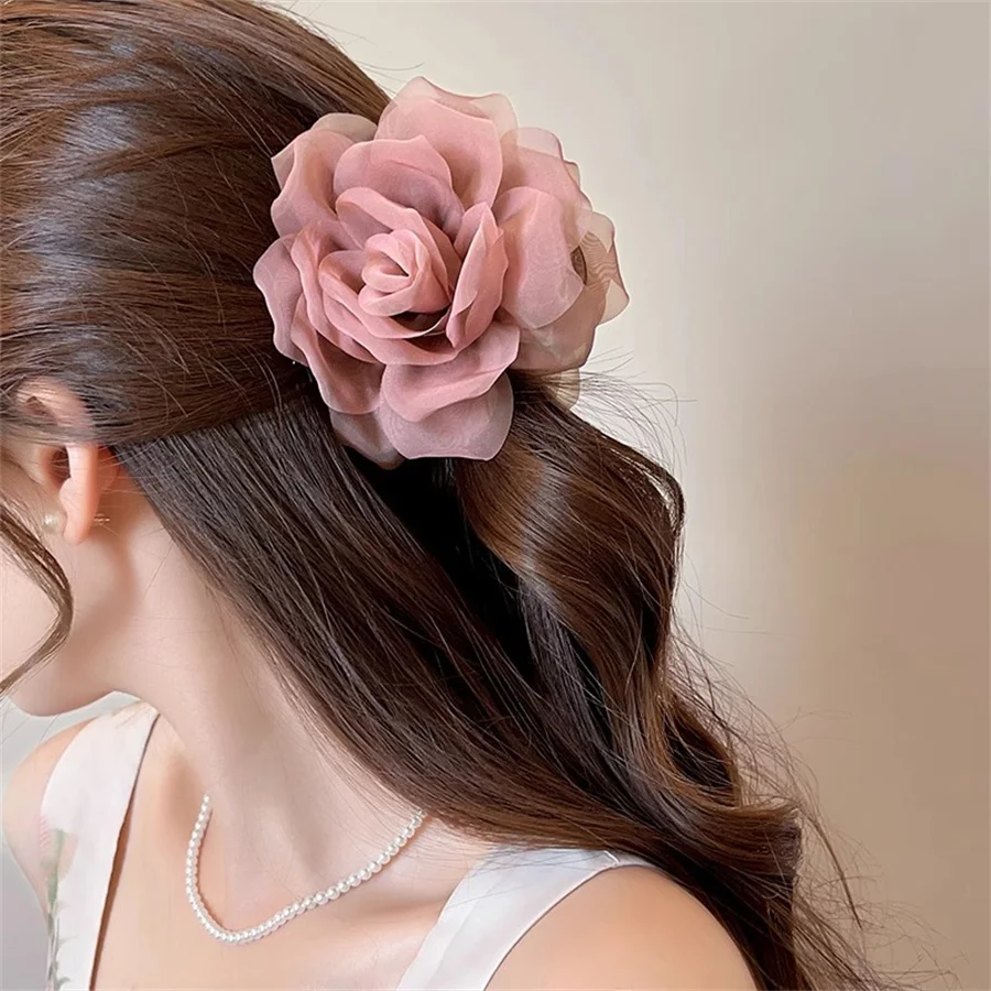 

New mesh flower grabber women's 2026 new high-end hairpin back of the head vacation style flower hair accessories headdress