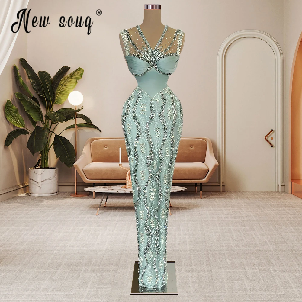 Árabe V Neck Vestido de Noite Withe Beading Cristais para As Mulheres 2023 Green Prom Vestidos de Luxo Mulheres Wedding Party Dresses Plus Size