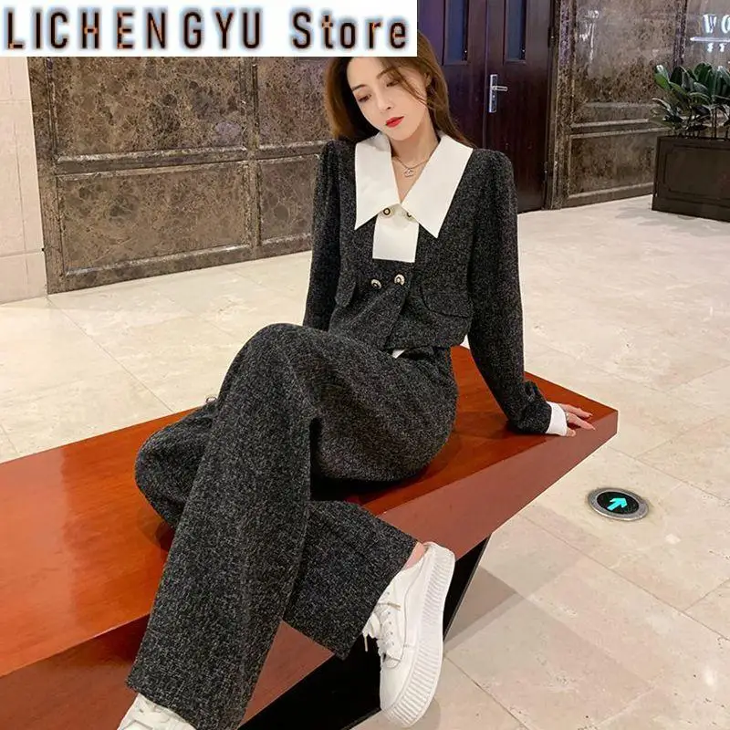 New Winter Two Piece Sets for Women Lapel Patchwork Short Coats Top Wide Leg Casual Pants Korean Fashion Womens Outfits