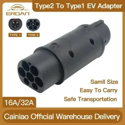 Erdan ev adaptador iec 62196 tipo 2 para tipo 1 j1772 32a evse carregador conector veículos elétricos carros conversores de carregamento