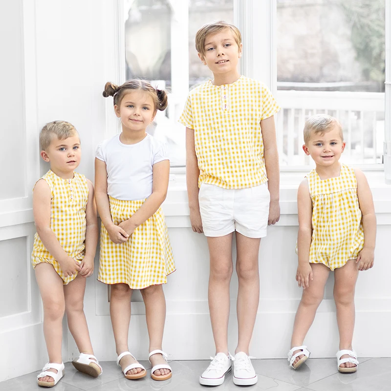 Ali Plus SS25 conjunto de verão gingham amarelo e branco com ponto vermelho meninas vestido macacão de bebê meninos top e calças e conjuntos de crianças pequenas