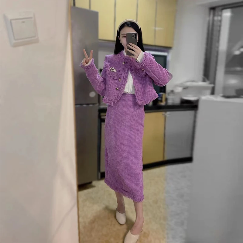 UNXX Purple Skirt Suits Professional Tweed Long Sleeves Jackets + Skirt Autumn Winter Women's Coat Business Ladies 2 Piece Sets