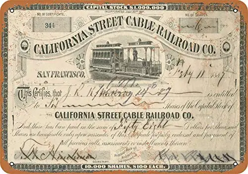 Wall-Color  Metal Sign - Certificate Art - 1887 San Francisco Cable Car Stock Certificate - Vintage Look