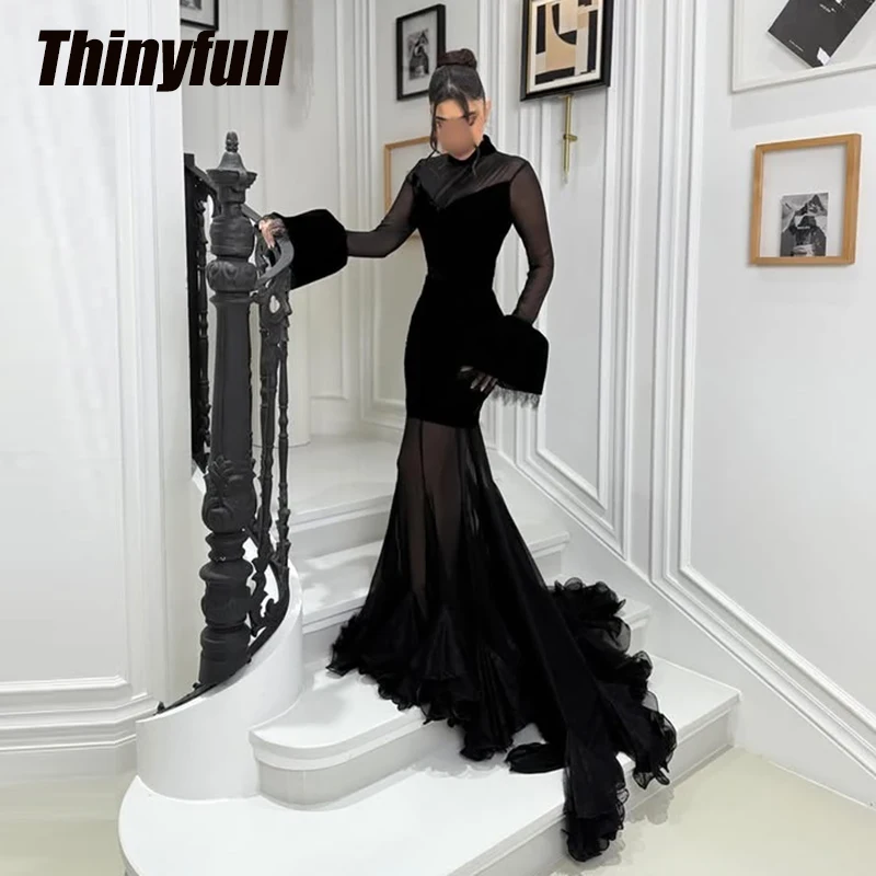 

Thinyfull Mermaid Arab Velvet/Lace Prom Dresses High Neck Full Sleeves Evening Gown Formal Dress robes de soirée Customized