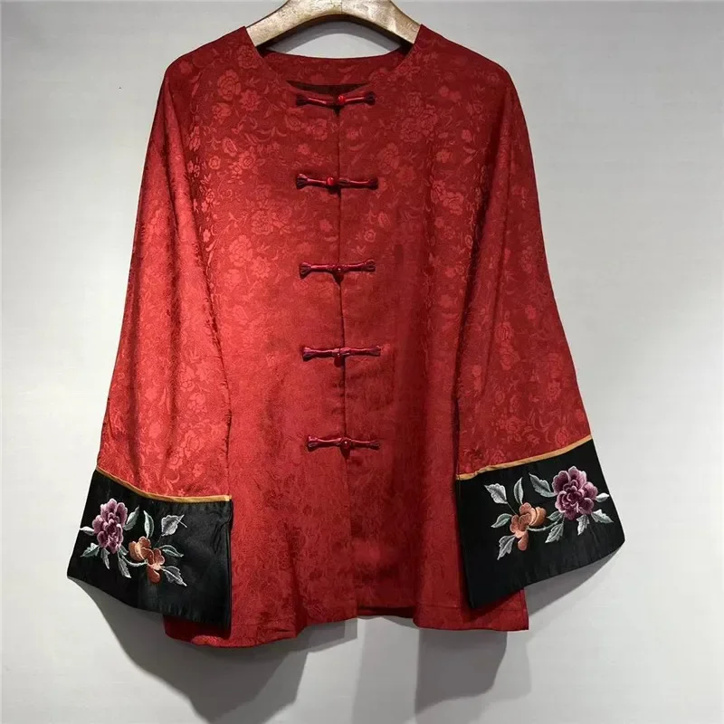 Jaket manset bordir gaya Cina jaket Bomber wanita High-end mantel Jacquard merah Retro leher-o gesper jaket wanita