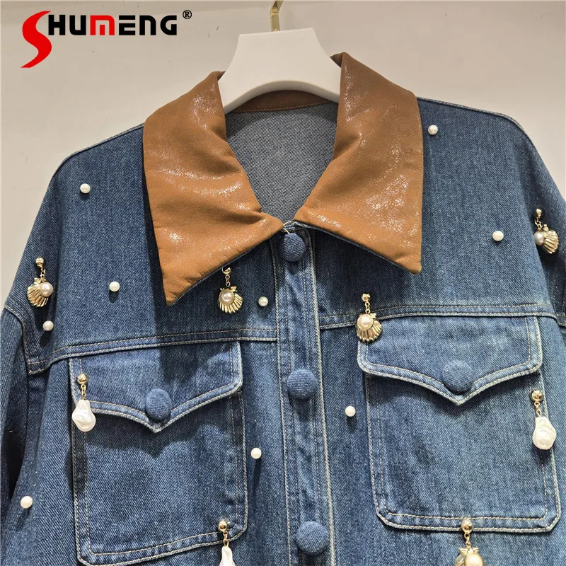 

Women's 2025 Autumn Winter New Fashion Denim Coats Beaded Versatile Denim Jackets Women's Mid-Length Loose Comfort Trendy Tops