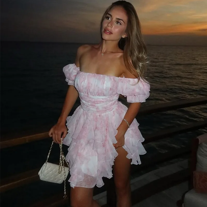 

New Summer Style Elegant One-Shoulder Flared Sleeve Floral Ruffled Hem Patchwork Mini Slim Short Dress Party