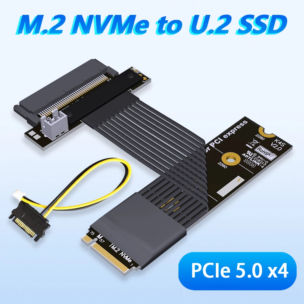 

ADT PCIe 5.0 X4 Gen5 M.2 NVMe To U.2 SFF-8639 Удлинитель SSD Turn 180-градусная шина Вертикальная 128 Гбит/с K47 с кабелем SATA