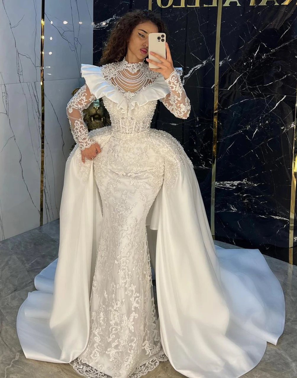 Princess Wedding Dresses Mermaid High Collar Beads Long Sleeve Floor-Length Elegant Bridal Gowns Vestido De Noiva Custom Made