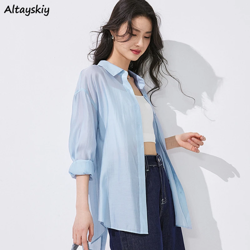 Mesh Shirts Women Long Transparent All-match Outwear Button-up Comfortable Summer Sun Protection Simple Ulzzang Blouse Mujer