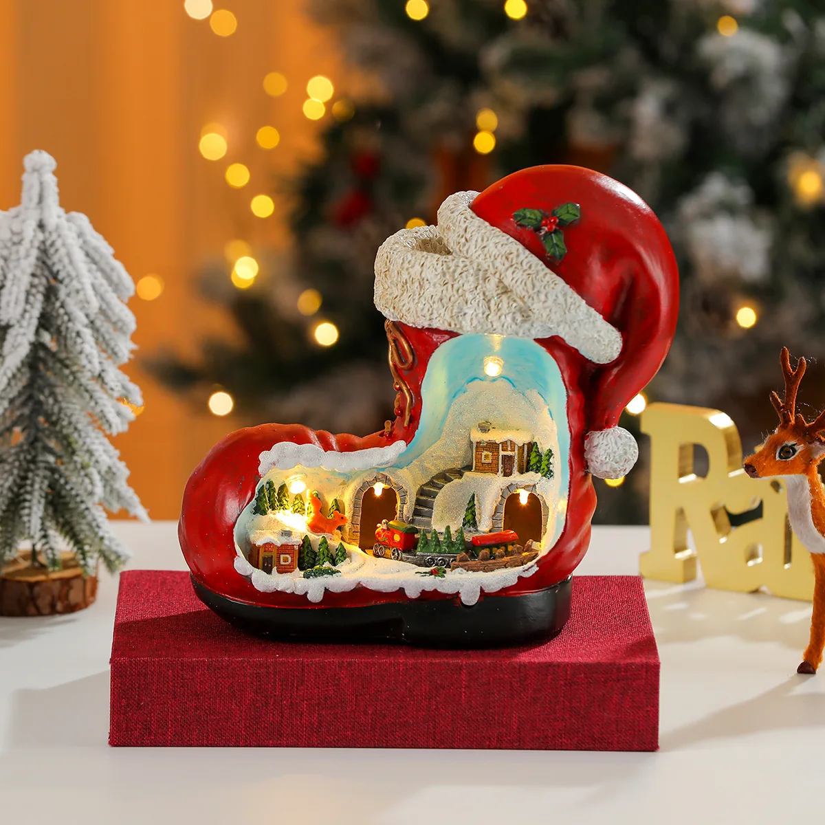 Creative Boots Micro Landscape Resin Rotating Luminous Elderly Music Box Christmas Gift Decoration