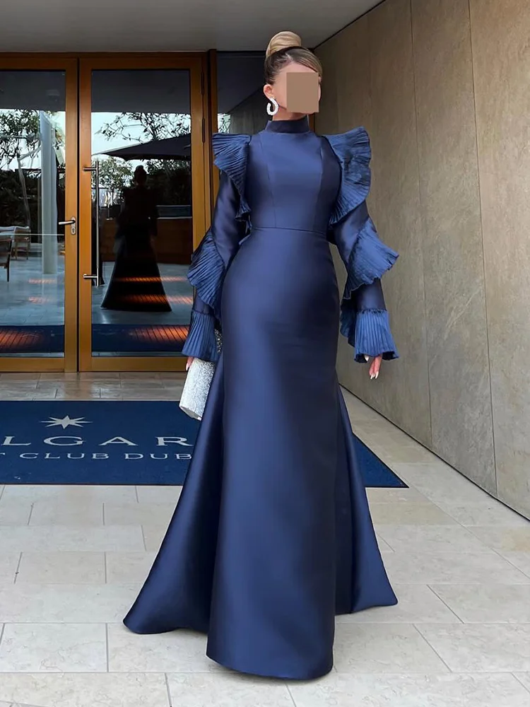 Jirocum Vintage Blue Mermaid Evening Gown Women High Neck Ruffled Long Sleeve Party Prom Dress Formal Occasion Gowns customized