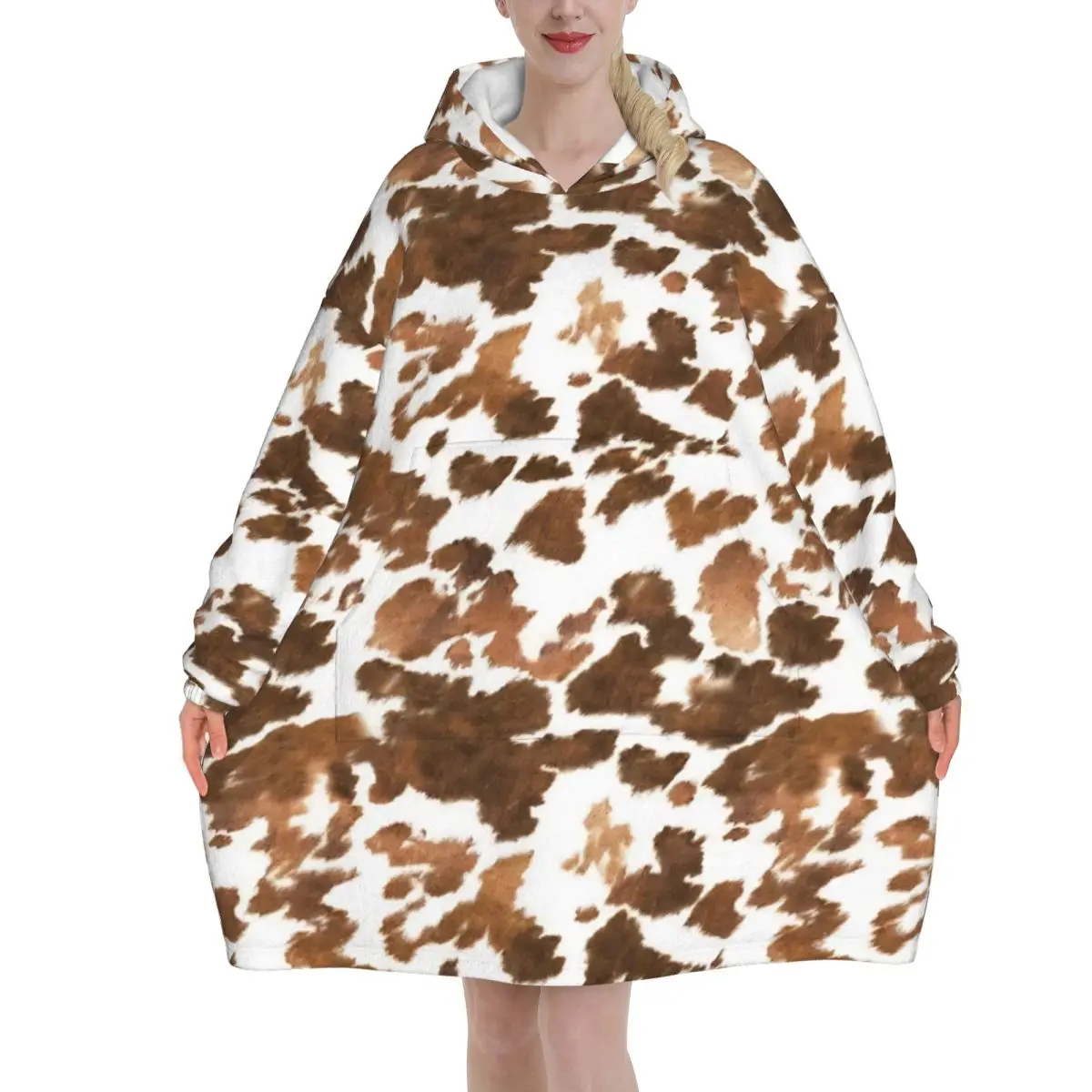 Rustic Cow Print Oversized Blanket Hoodie Sweatshirt Long Fleece Hooded Wearable Blanket with Large Pocket for Women Men