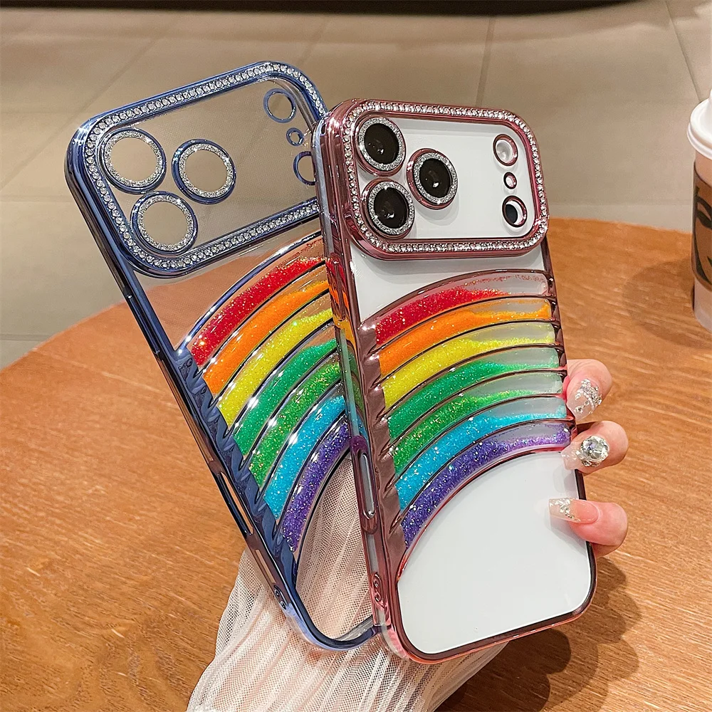 Glitter Strass Regenboog Transparant Telefoonhoesje voor iPhone 17 Pro Max 16 15 14 13 12 11 Camera Lens Protector Plating Cover