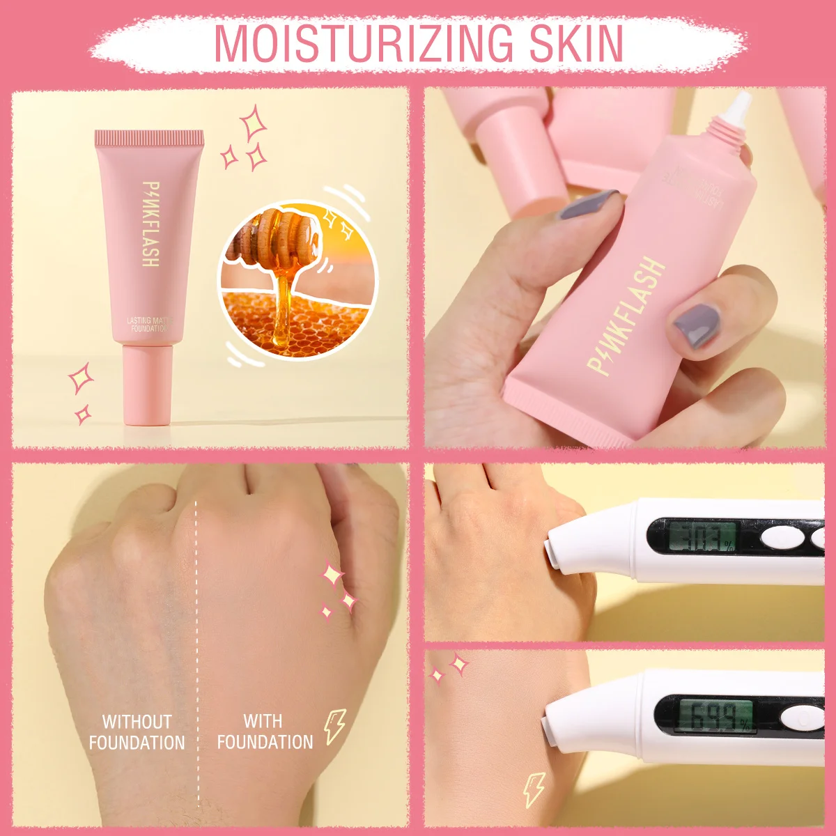 PINKFLspatule-Fond de teint liquide pour le visage, BB crème sans défaut, imperméable, longue durée, couverture complète, base, blanchissant,