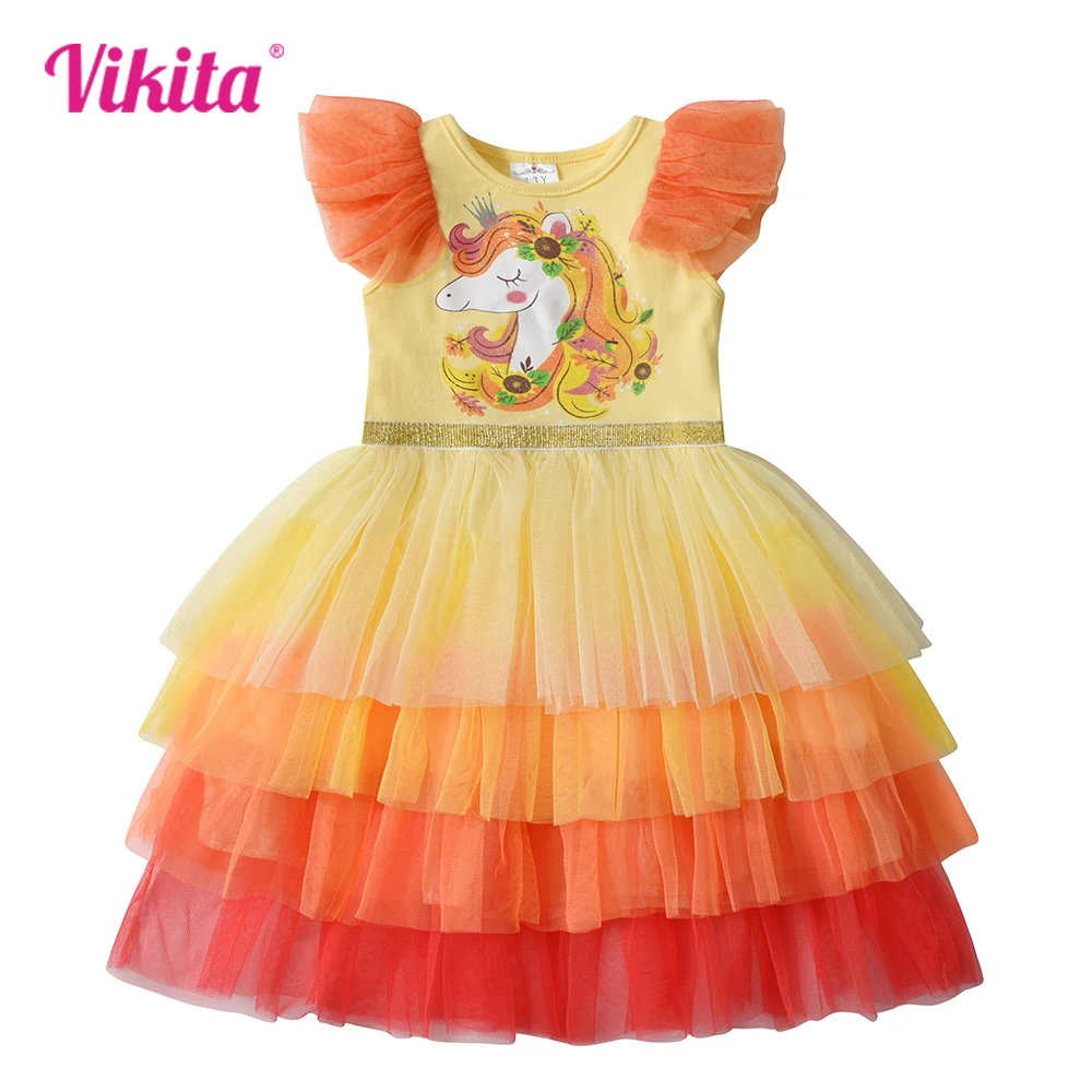 

VIKITA Kids Summer Vestidos Girls Flare Sleeve Mesh Tulle Layered Princess Birthday Party Tutu Dresses Girls Unicorn Print Dress