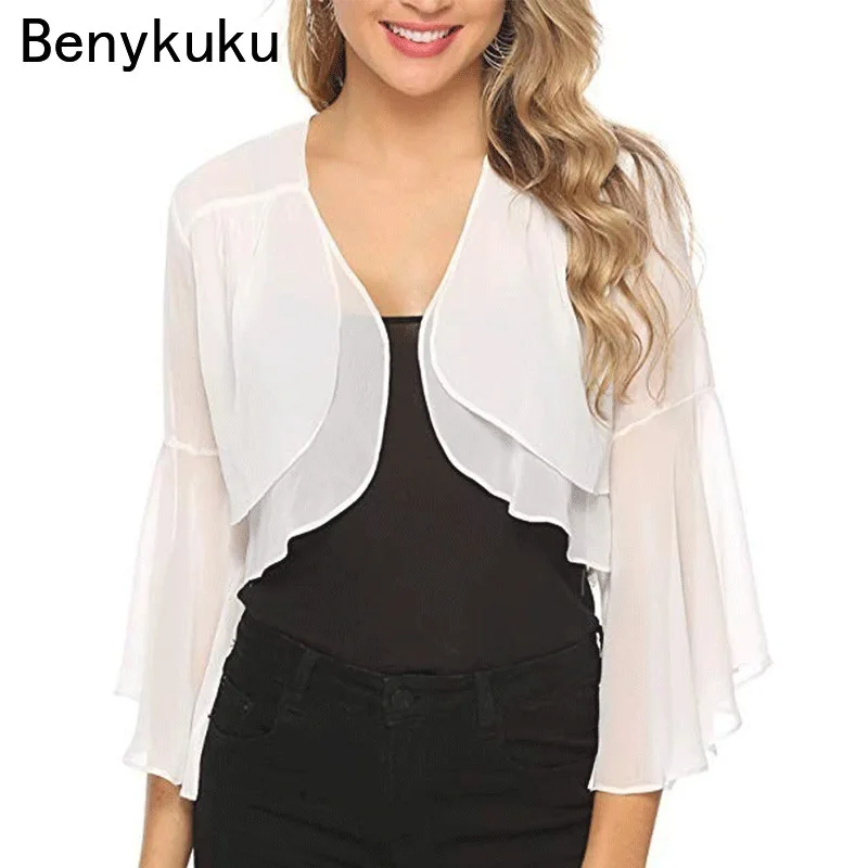 Women Chiffon Cardigan Bolero Jacket Wedding Party Bridal Dress Cover Ups Wraps Summer Cropped Top Ruffles Flare Sleeve Shawl